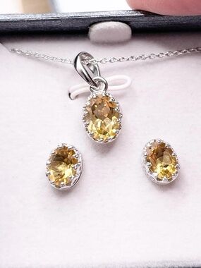 Sterling Silver Yellow Citrine Oval Pendant and Stud Earring Set
